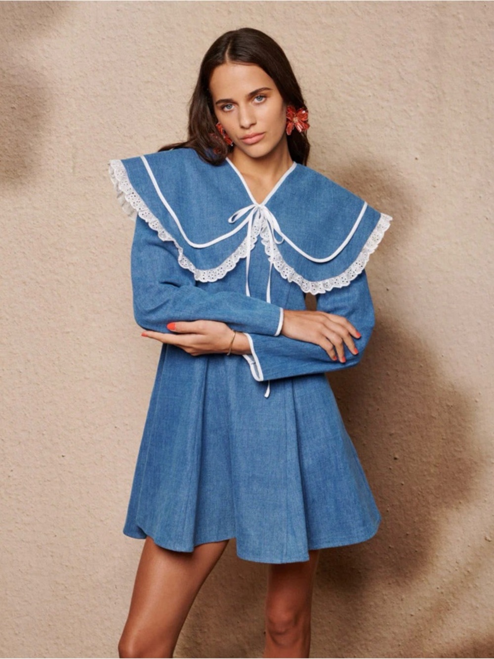 Sister Jane Light Blue Denim-Look Dress with White Trim